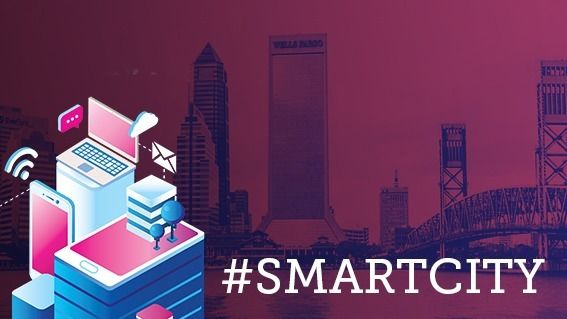 The Jacksonville skyline outlined in the background. Computer, messages, and phone icon. #Smartcity